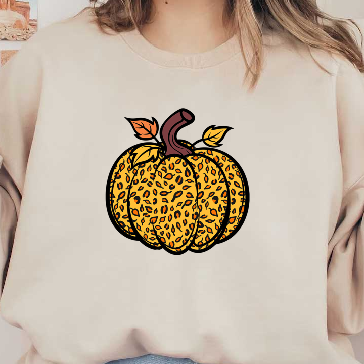 A whimsical, leopard-patterned pumpkin adorned with vibrant leaves, perfect for a playful touch to autumn decorations. heat press transfers