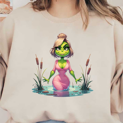 A playful green character in a pink dress emerges from a tranquil pond, surrounded by cattails and rocks.DTF Transfers dtf transfers