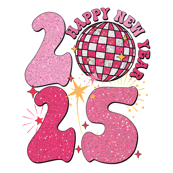 Celebrate the New Year with this sparkling design featuring the year 2025 and a shining disco ball!DTF Transfers heat press transfers