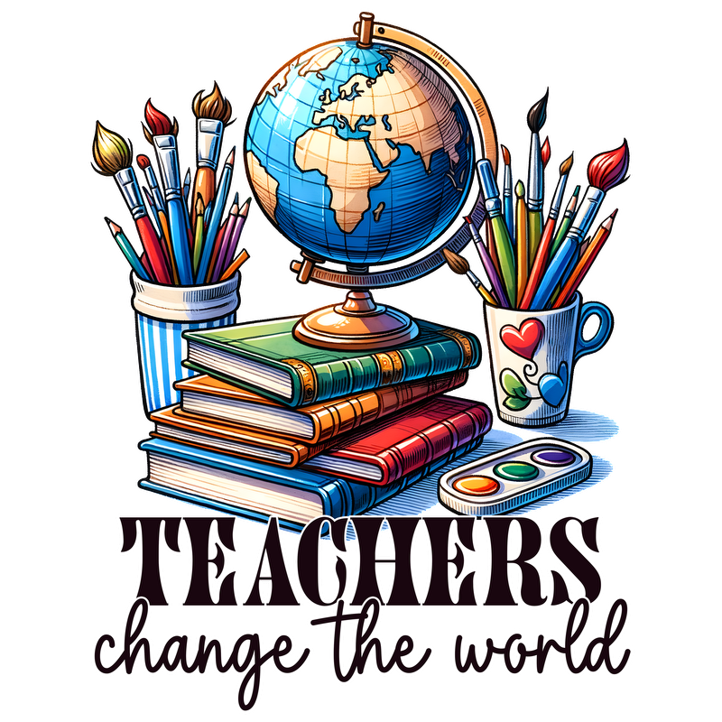 Celebrate the impact of teachers with this vibrant design featuring a globe, books, and art supplies, showcasing creativity and education!DTF Transfers