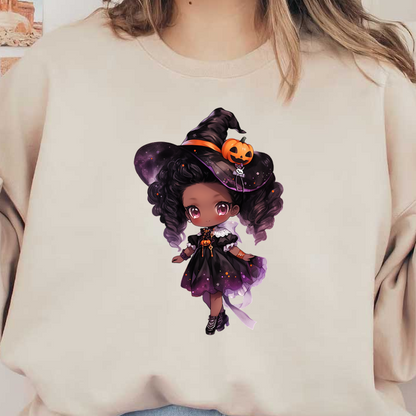 A cute chibi witch character wearing a black and purple dress, with a pumpkin hat and curly hair, perfect for Halloween!dtf regular iron