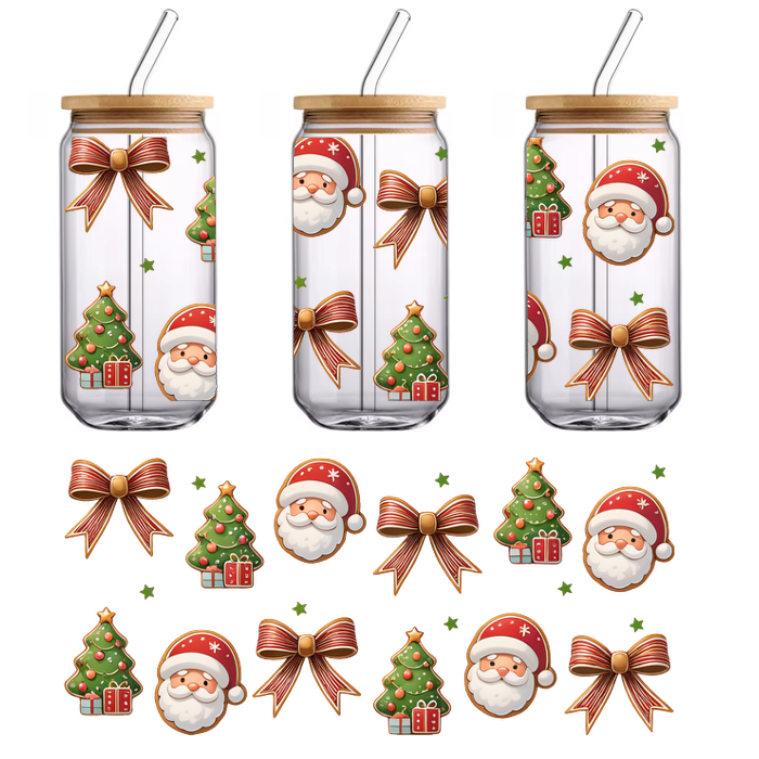 A cheerful collection of Christmas-themed icons featuring Santa faces, festive trees, and decorative bows in vibrant colors.UV Transfers dtf prints