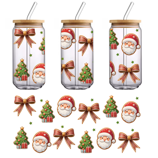 A cheerful collection of Christmas-themed icons featuring Santa faces, festive trees, and decorative bows in vibrant colors.UV Transfers dtf prints