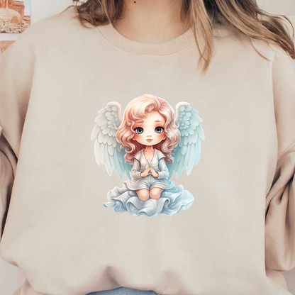 Un lindo ángel de estilo de dibujos animados, con cabello rosado rizado y suaves alas azules, vestido con un vestido blanco suelto.