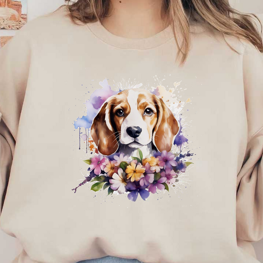 A charming watercolor illustration of a beagle surrounded by colorful flowers, showcasing its expressive eyes and playful nature. dtf transfers