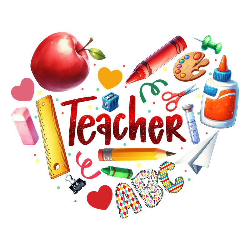 Celebrate education with this vibrant collection of school supplies, an apple, and a heartwarming "Teacher" centerpiece!DTF Transfers