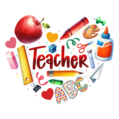 Celebrate education with this vibrant collection of school supplies, an apple, and a heartwarming "Teacher" centerpiece!DTF Transfers