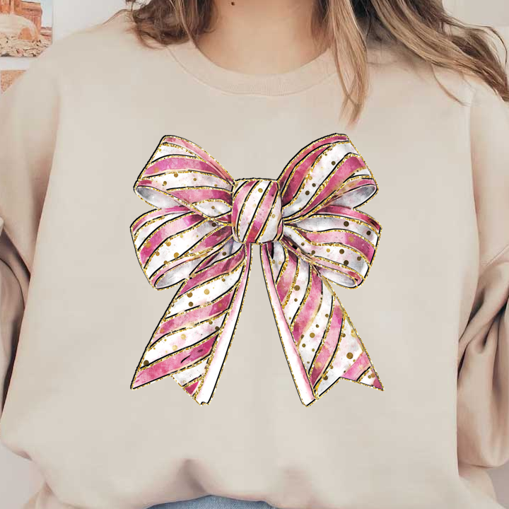 A beautifully designed bow featuring pink stripes and gold accents, perfect for adding a festive touch to any gift or decoration.DTF Transfers dtf transfers