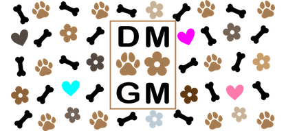 A cheerful pattern featuring paw prints, flowers, and hearts in various colors, framed for a playful touch.UV Transfersdtf regular iron