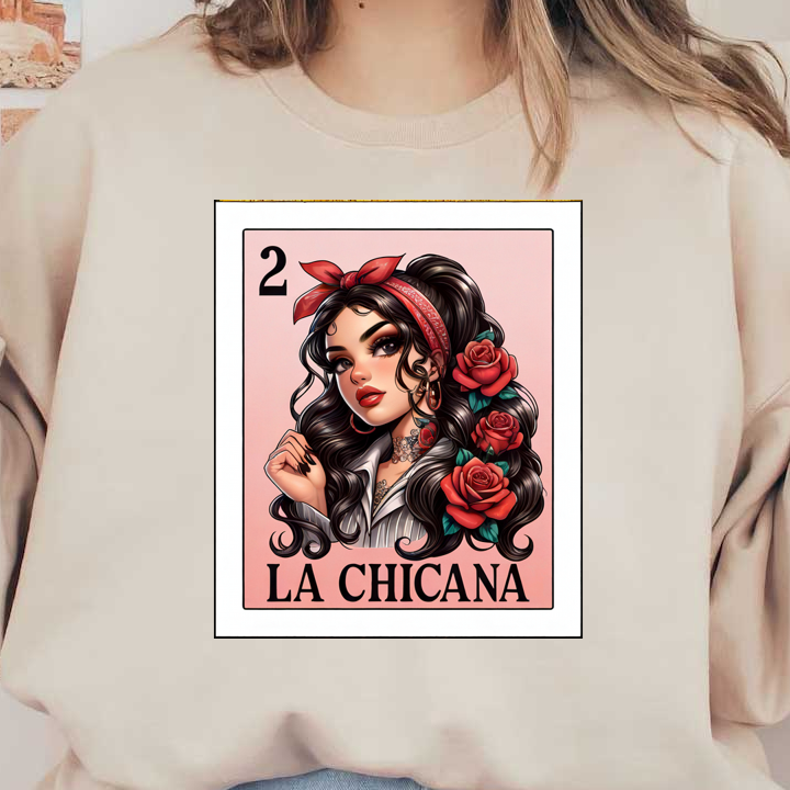 Una ilustración vibrante que presenta a una mujer elegante, adornada con rosas y un pañuelo rojo, que representa a "La Chicana" en un diseño de tarjeta.