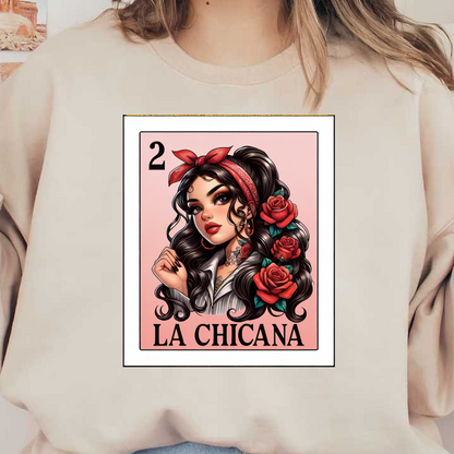 Una ilustración vibrante que presenta a una mujer elegante, adornada con rosas y un pañuelo rojo, que representa a "La Chicana" en un diseño de tarjeta.