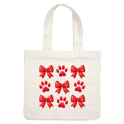 A vibrant pattern featuring red bows and paw prints with white hearts, perfect for celebrating love and pets!DTF Transfers