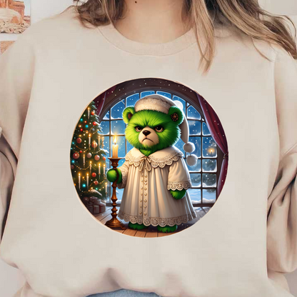 A whimsical green teddy bear in a lacy white nightgown and hat, holding a candle by a festive window.DTF Transfersdtf regular iron