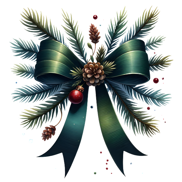 A festive holiday wreath adorned with pine branches, a large green ribbon, a pine cone, and shiny red ornaments. dtf transfers heat press transfers