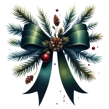 A festive holiday wreath adorned with pine branches, a large green ribbon, a pine cone, and shiny red ornaments. dtf transfers heat press transfers