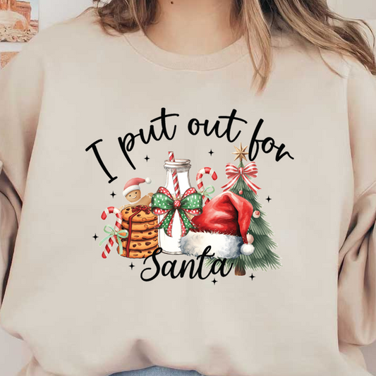 A whimsical holiday design featuring a cheerful Santa hat, milk, cookies, a gingerbread man, and a festive Christmas tree. dtf prints