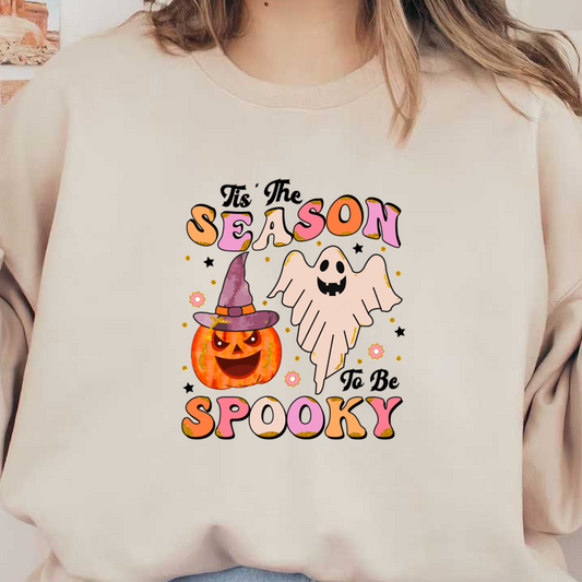 ¡Celebre el espíritu de Halloween con este colorido diseño "Season Spooky" que presenta una alegre calabaza y un fantasma juguetón!