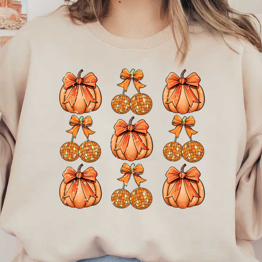 A festive arrangement of orange pumpkins and round ornaments adorned with bows, perfect for autumn decor! heat press transfers