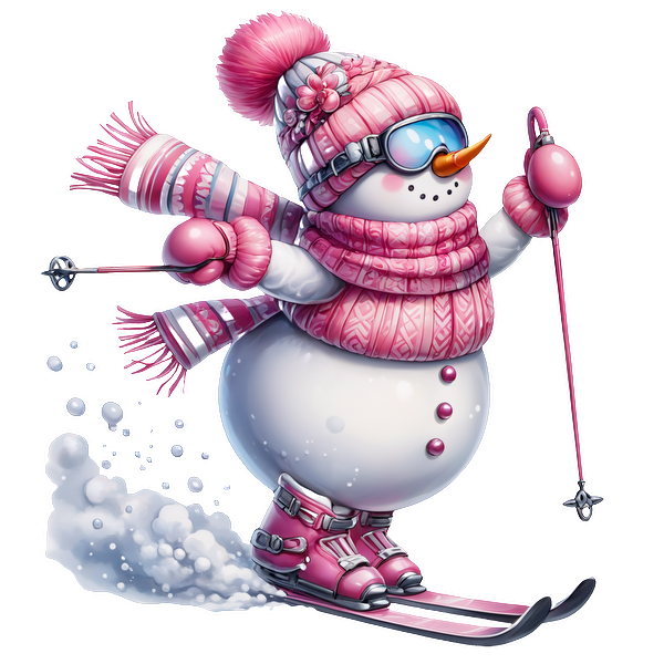 A cheerful snowman dressed in pink skiing attire, complete with a cozy scarf, hat, and goggles, gracefully glides through the snow. heat press transfers