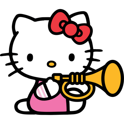 This adorable character, dressed in a pink outfit with a bow, is playing a trumpet with enthusiasm.DTF Transfers