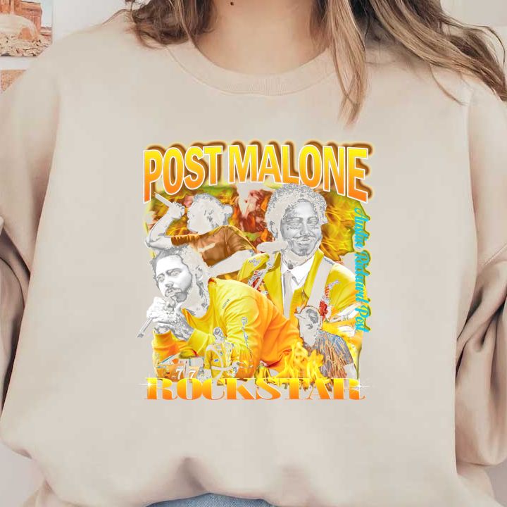 A vibrant graphic of Post Malone featuring fiery colors, showcasing his energy as a rockstar with multiple dynamic poses.DTF Transfers dtf prints