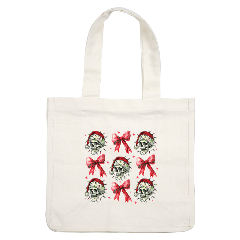 A festive pattern featuring whimsical skulls wearing Santa hats, adorned with colorful lights and vibrant red bows. dtf transfers