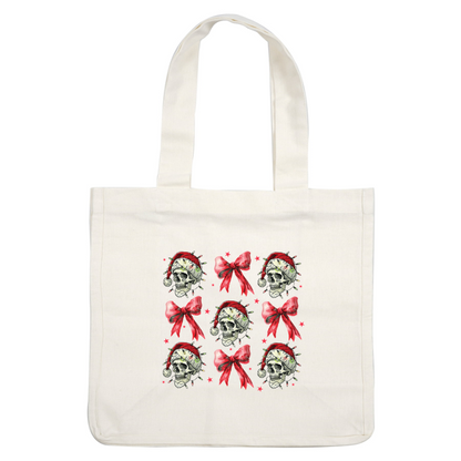 A festive pattern featuring whimsical skulls wearing Santa hats, adorned with colorful lights and vibrant red bows. dtf transfers