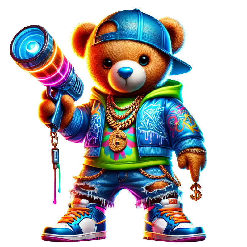 A trendy stylish teddy bear Neon Hiphop Teddy Bear series 1 DTF ready to press