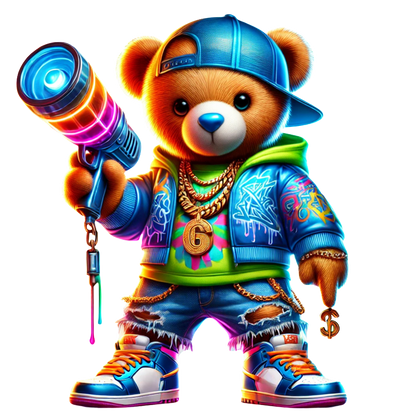 A trendy stylish teddy bear Neon Hiphop Teddy Bear series 1 DTF ready to press