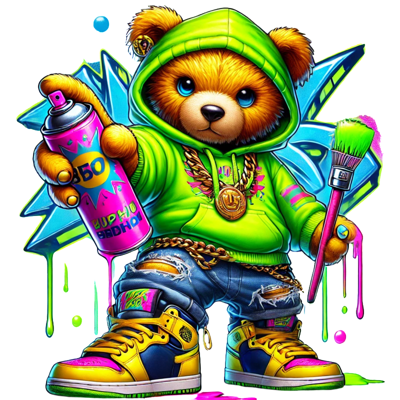 A trendy stylish teddy bear Neon Hiphop Teddy Bear series 1 DTF ready to press