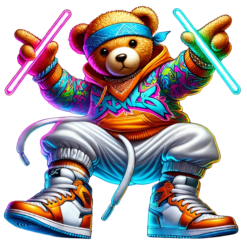 A trendy stylish teddy bear Neon Hiphop Teddy Bear series 1 DTF ready to press