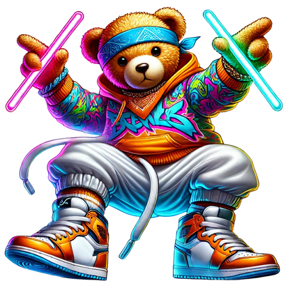 A trendy stylish teddy bear Neon Hiphop Teddy Bear series 1 DTF ready to press