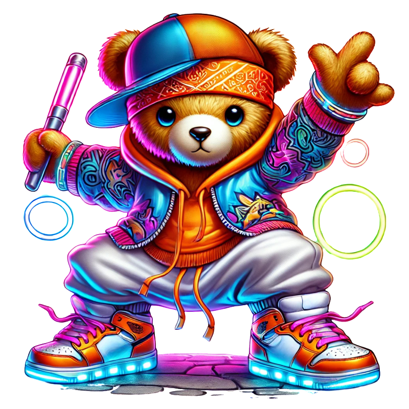 A trendy stylish teddy bear Neon Hiphop Teddy Bear series 1 DTF ready to press