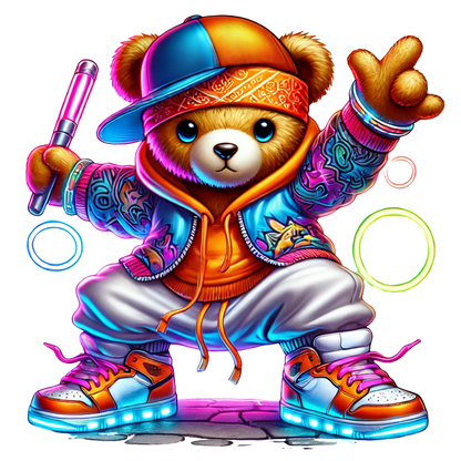 A trendy stylish teddy bear Neon Hiphop Teddy Bear series 1 DTF ready to press