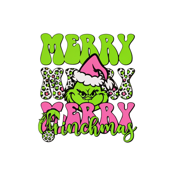 A playful Christmas design featuring the Grinch with a festive hat and vibrant "Merry Grinchmas" text in colorful fonts.DTF Transfers heat press transfers