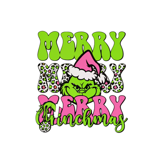 A playful Christmas design featuring the Grinch with a festive hat and vibrant "Merry Grinchmas" text in colorful fonts.DTF Transfers heat press transfers