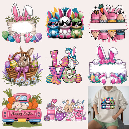 Adorable Easter-themed featuring bunnies, eggs, flowers, and festive designs in bright and playful pastel colors. DTF ready to press