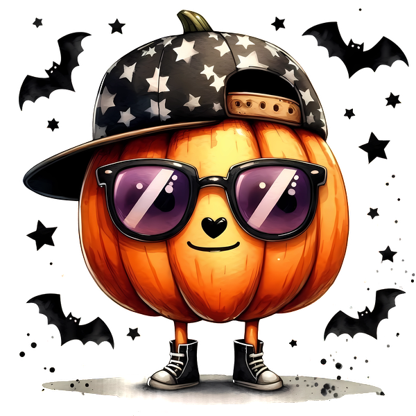 ¡Conoce a la elegante calabaza, que luce una gorra y gafas de sol con estampado de estrellas negras, rodeada de murciélagos divertidos para un ambiente festivo!