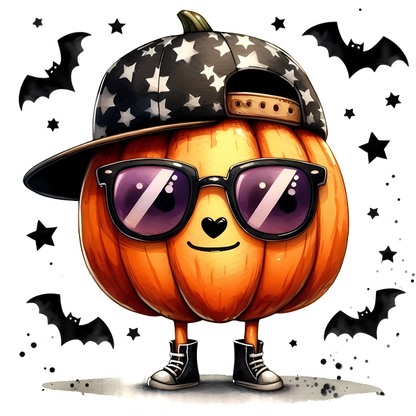 ¡Conoce a la elegante calabaza, que luce una gorra y gafas de sol con estampado de estrellas negras, rodeada de murciélagos divertidos para un ambiente festivo!