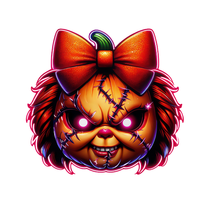 Esta vibrante ilustración presenta una muñeca espeluznante con un diseño con temática de calabaza, cabello vibrante y un gran lazo rojo, que irradia una vibra divertida pero inquietante.