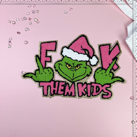 Pink Them Kids Letter With Christmas hat Chenille Patch Emblem Embroidered Cloth Stickers Christmas DIY Iron Clothing Patches dtf prints