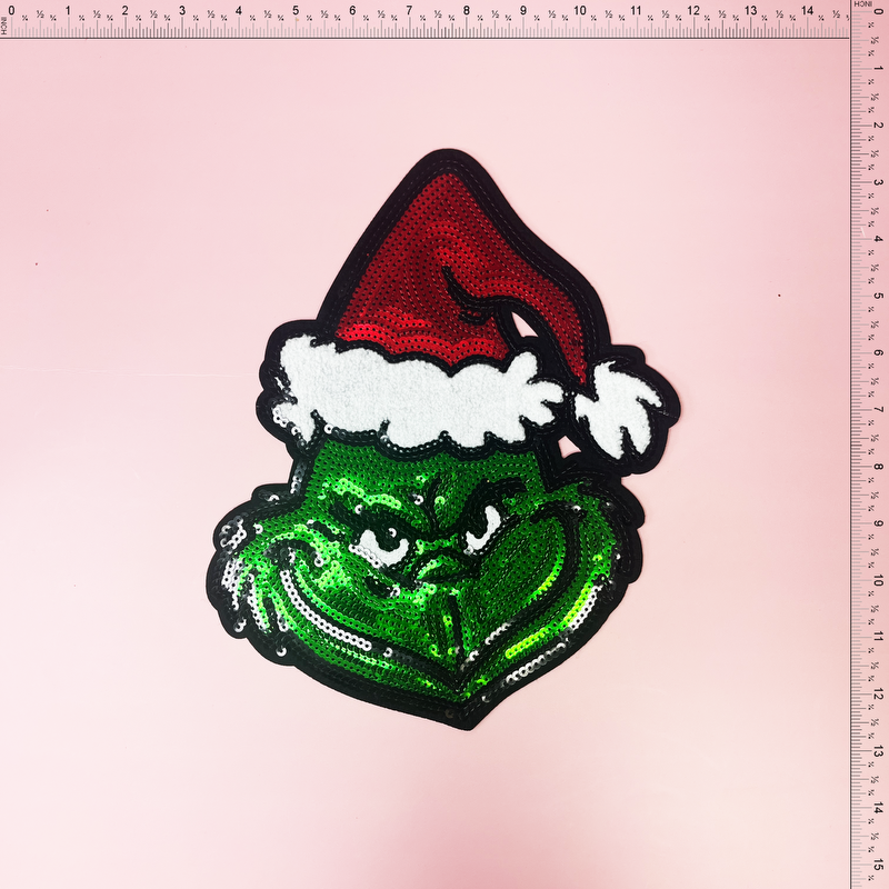 Sequin Grinch with Christmas hat Patch Emblem Embroidered Cloth Stickers Christmas DIY Iron Clothing Patches