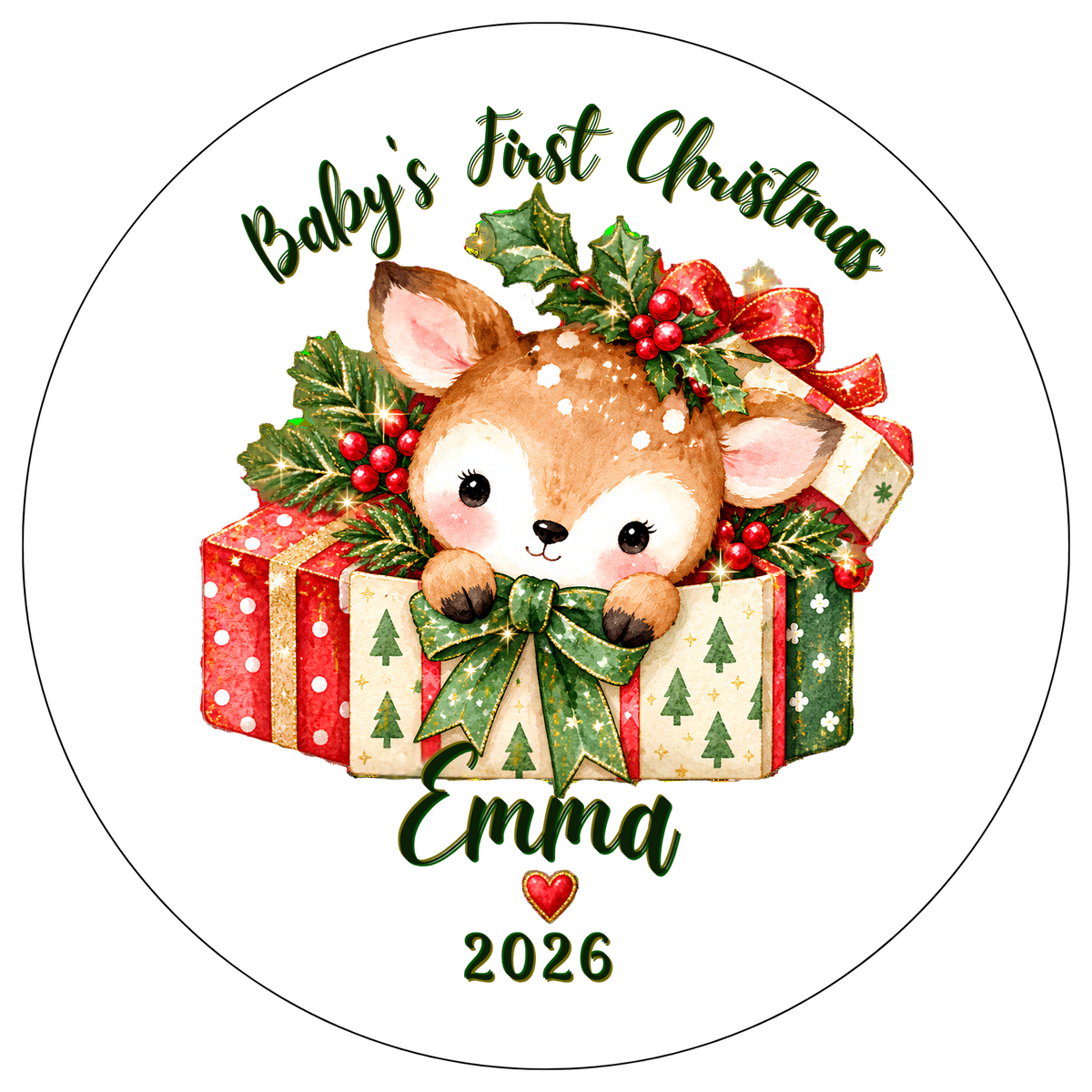 XMAS1463-18 — Baby's First Christmas DTF transfer design; names and year where shown are fixed artwork; garment not included