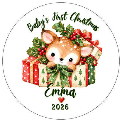 XMAS1463-18 — Baby's First Christmas DTF transfer design; names and year where shown are fixed artwork; garment not included