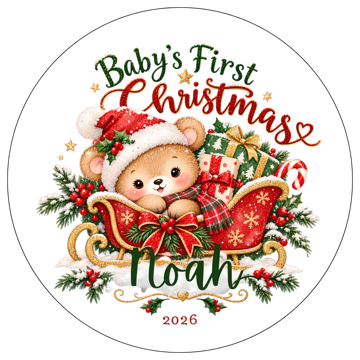 XMAS1463-19 — Baby's First Christmas DTF transfer design; names and year where shown are fixed artwork; garment not included