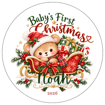 XMAS1463-19 — Baby's First Christmas DTF transfer design; names and year where shown are fixed artwork; garment not included