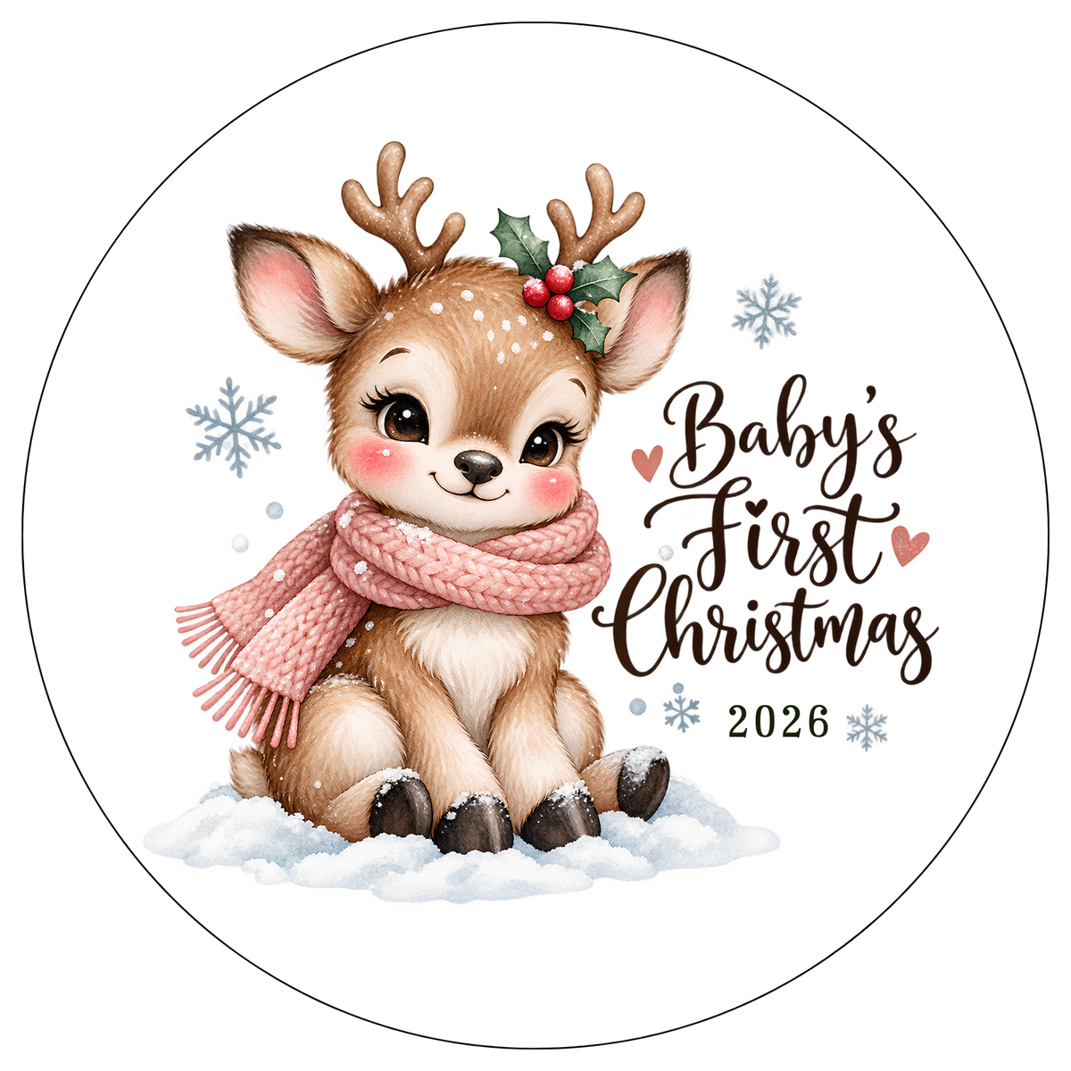 XMAS1463-2 — Baby's First Christmas 2026 watercolor reindeer DTF transfer design with circular outline; physical transfer only