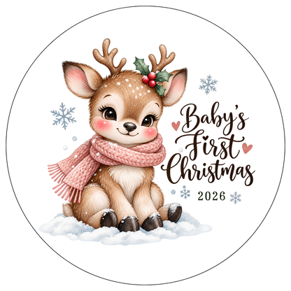 XMAS1463-2 — Baby's First Christmas 2026 watercolor reindeer DTF transfer design with circular outline; physical transfer only