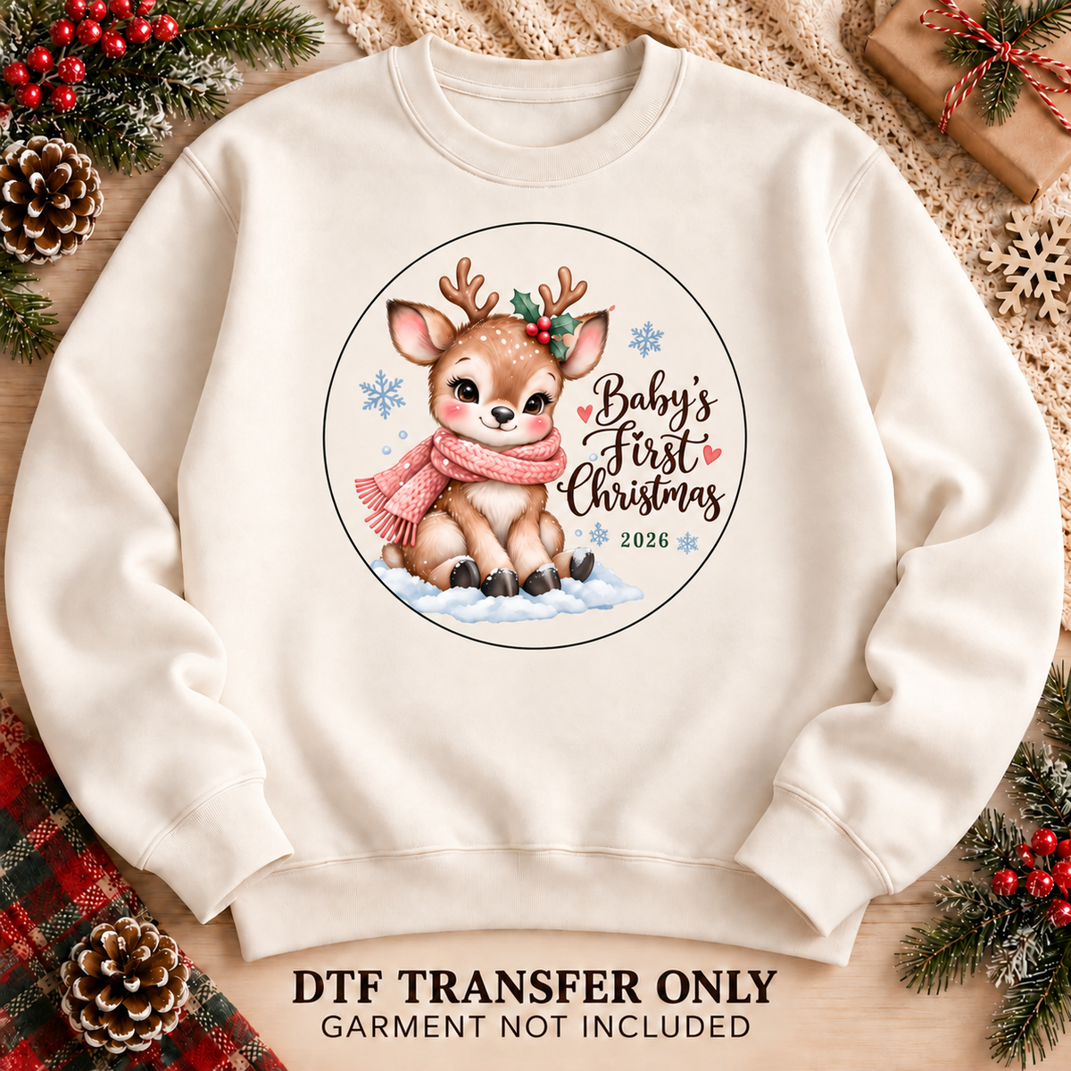 XMAS1463-2 Baby's First Christmas 2026 reindeer circular DTF transfer; illustrative 12-inch sweatshirt mockup; garment not included