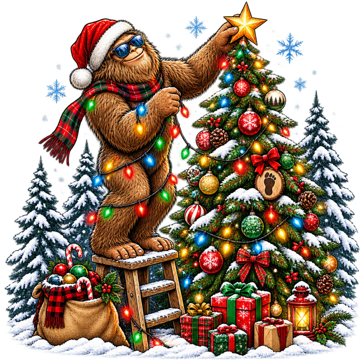 XMAS1464-1 Christmas Bigfoot DTF transfer artwork; physical transfer only; garment not included